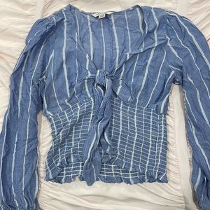 american eagle blue and white striped long sleeve top with bow